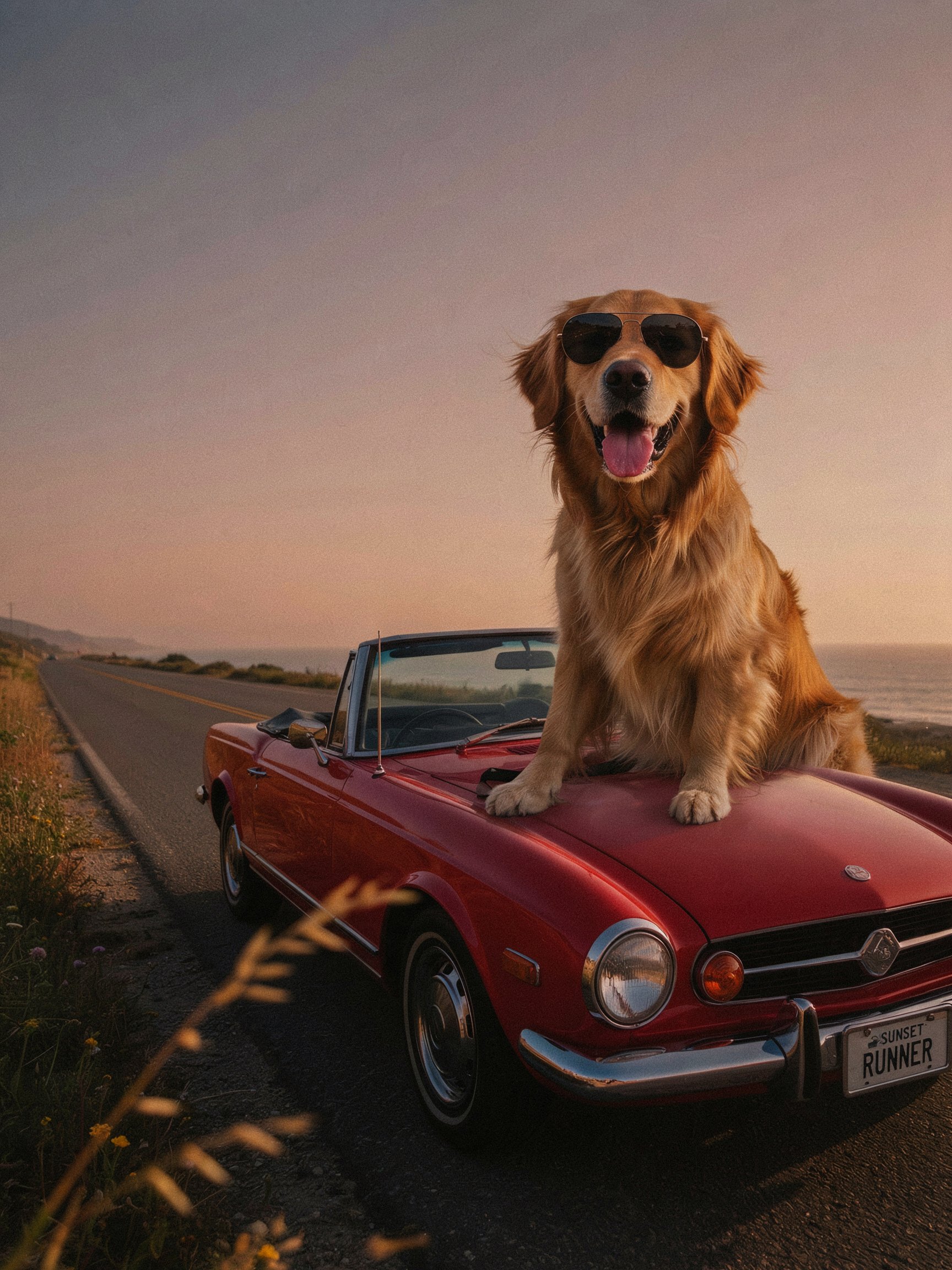 A golden retriever wearing sunglasses on the hood of a red convertible beside a coastal road at sunset